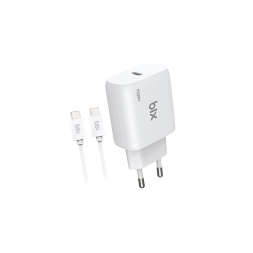 Bix BXUC30TA 30W Type-C PD 3.0 Hızlı Şarj Adaptörü ve 1 Metre 3A Type-C Şarj Kablosu Beyaz
