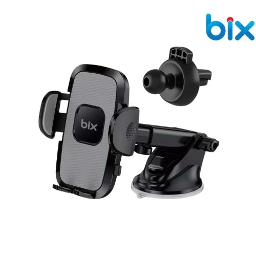 BİX BXCH7 Uzayabilen ve Ayarlanabilir Cam Torpido ve Havalandırma için Çift Fonksiyonlu Araç içi Vantuzlu Telefon Tutucu Siyah