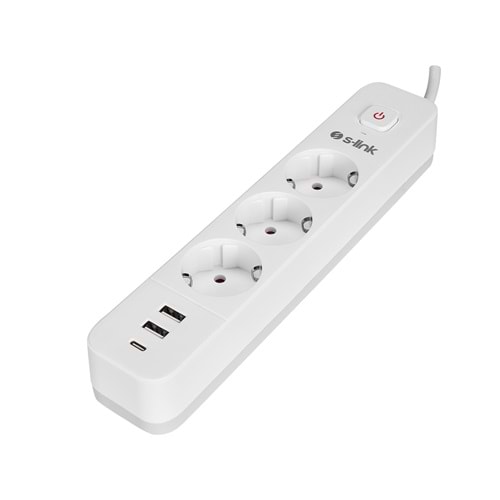 S-link SPG03TC 2 Usb +1Type C 5V2.4A 1.5m 3x1.00mm 100% Bakır 750 Joule 3 lü Anahtarlı Akım Korumalı Beyaz Priz