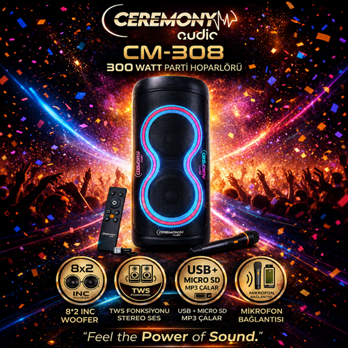 Ceremony Audio CM-308 Taşınabilir Bluetooth Parti Hoparlör 2x8 Inç Woofer 300WATT Tws Disco Lights