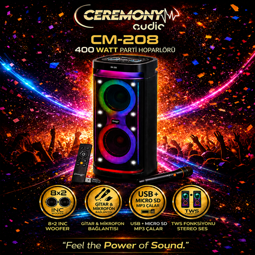 Ceremony Audio CM-208 Taşınabilir Bluetooth Parti Hoparlör 2x8 Inç Woofer 400WATT Tws Disco Lights