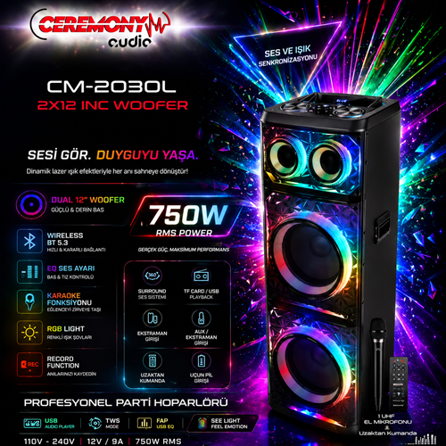Ceremony Audio CM-2030L Profesyonel Portatif Bluetooth Hoparlör Tws 750W Rms 1 Ad. Uhf Mik Özel Tasarım