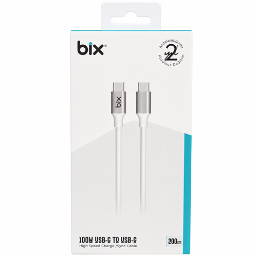 Bix BX200CC 2 Metre 100W 5Gbps E-Mark Çipli Type-C to Type-C Yüksek Hızlı Şarj ve Data Kablosu