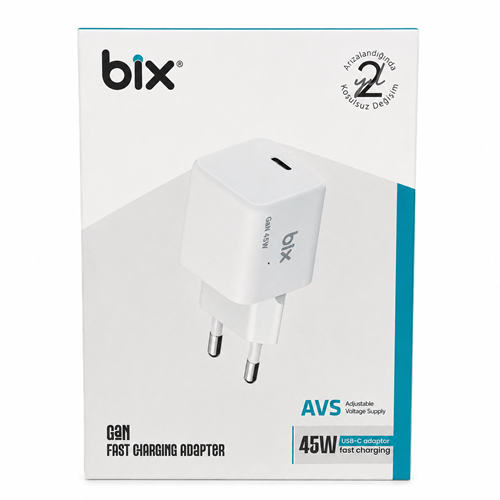 Bix BX1P46G-WT GaN 45W Type-C PPS/AVS Destekli Hızlı Şarj Cihazı Beyaz