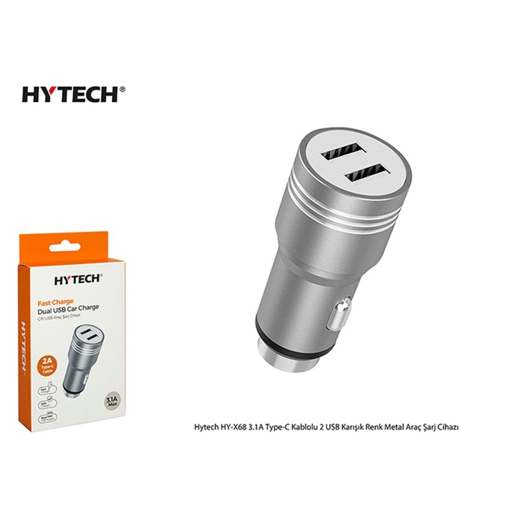 HYTECH HY-X68T 3,1A TYPE-C KABLOLU 2 USB KARIŞIK RENK METAL ARAÇ SARJ CİHAZI