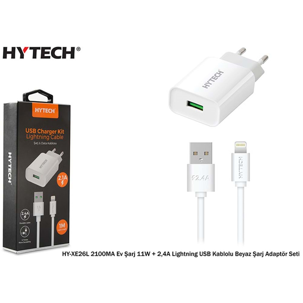 HYTECH HY-XE26L 2100MA EV ŞARJ 11W + 2,4A LİGHTNİNG USB KABLOLU BEYAZ ŞARJ ADAPTÖR SETİ