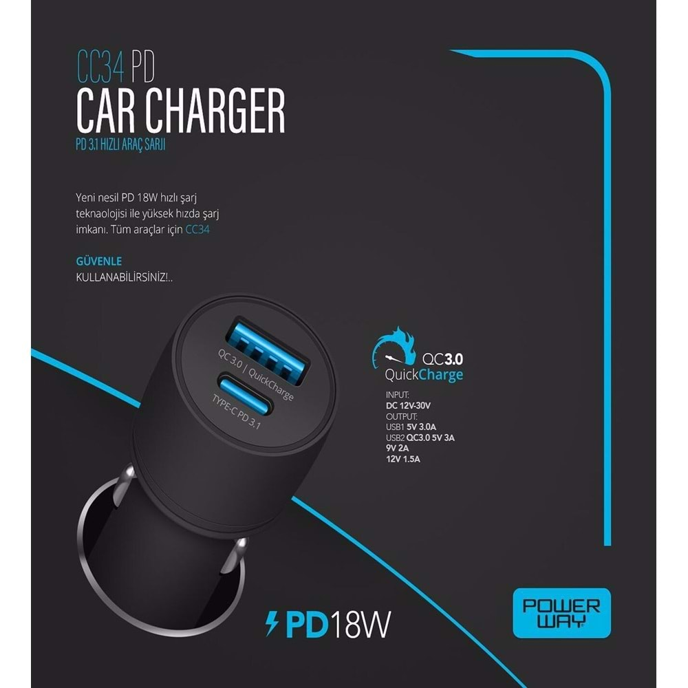 Powerway CC34 Qc 3.0A Usb-Type C Araç Hızlı Şarj 18W Çakmaklık