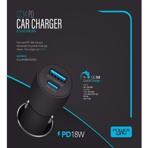 Powerway CC34 Qc 3.0A Usb-Type C Araç Hızlı Şarj 18W Çakmaklık