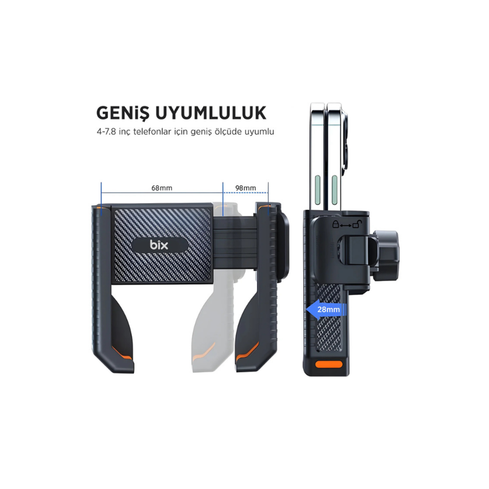 Bix BPH01 Gidon Bağlantılı Bisiklet Motosiklet için Esnek ABS 4-7.8¨ inç Telefon Tutucu 360° Dönebilen Tasarım