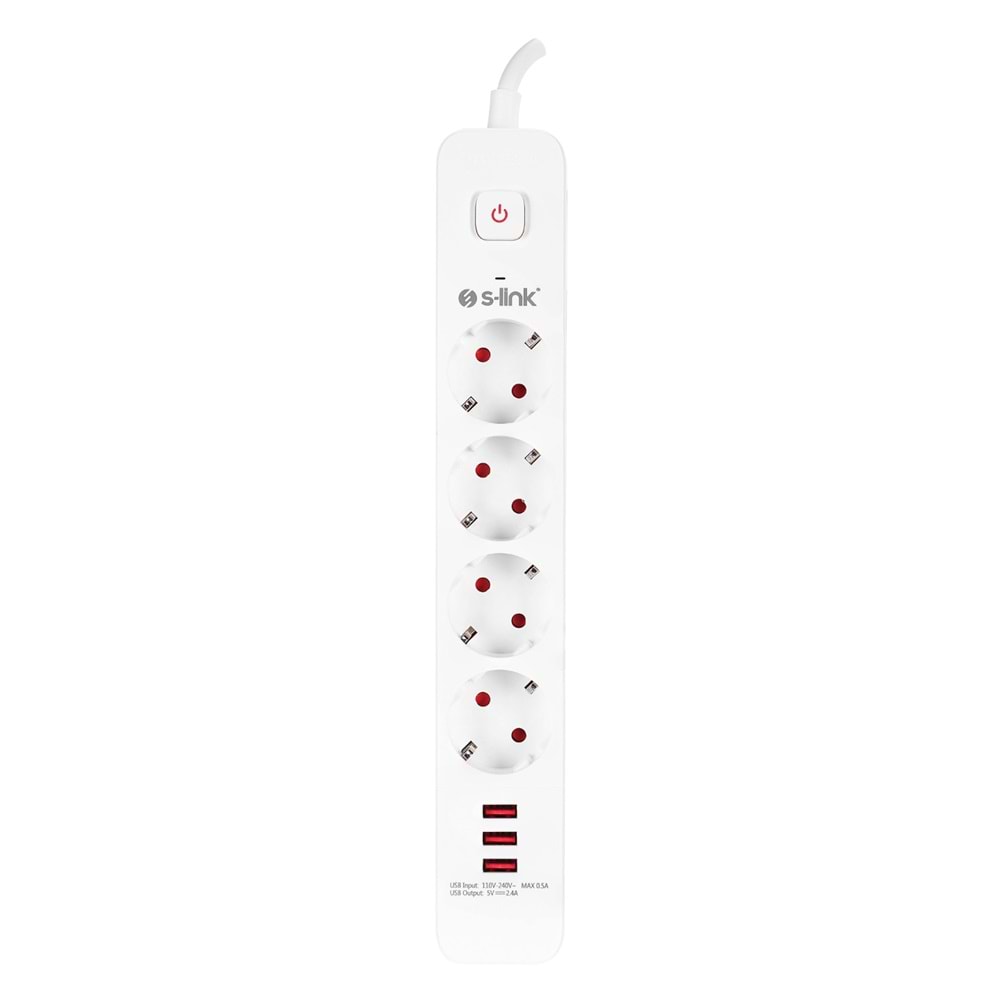 S-link SPG403U 1.5m 1.5mm 100% Bakır 750 Joule 3 Usb 5V2.4A 4lü Anahtarlı Akım Korumalı Priz