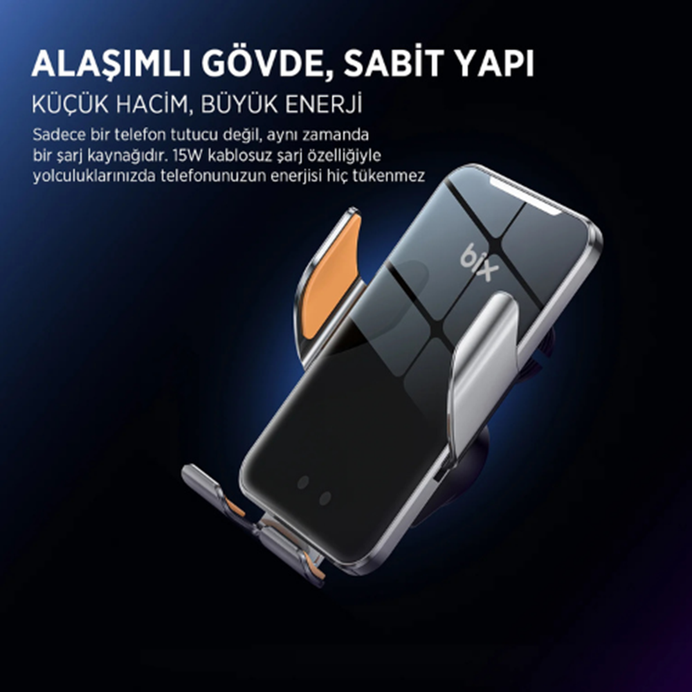 Bix BXCH9 MagSafe 15W Kablosuz Hızlı Şarj Destekli Ultra İnce Metal Gövdeli 360 Derece Ayarlanabilen Araç içi Telefon Tutucu Gri