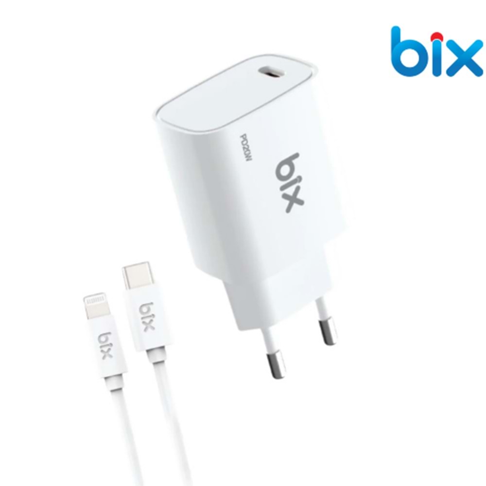 Bix BXL21W 20W PD Hızlı Şarj Adaptörü + 3A USB-C'den Lightning Kablo 1 Metre Beyaz