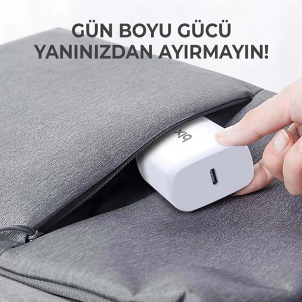 Bix BXL21W 20W PD Hızlı Şarj Adaptörü + 3A USB-C'den Lightning Kablo 1 Metre Beyaz
