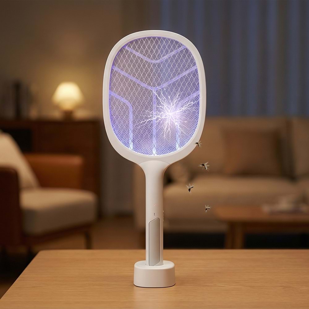 Asonic AS-A25 UV Mavi Işıklı Şarjli Masaüstü Raket Sinek Öldürücü Beyaz/Gri 1200mAh 3000V Çıkış