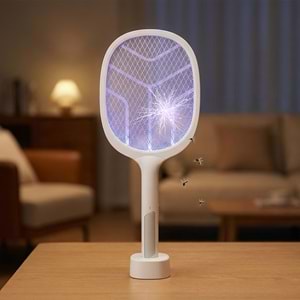 Asonic AS-A25 UV Mavi Işıklı Şarjli Masaüstü Raket Sinek Öldürücü Beyaz/Gri 1200mAh 3000V Çıkış