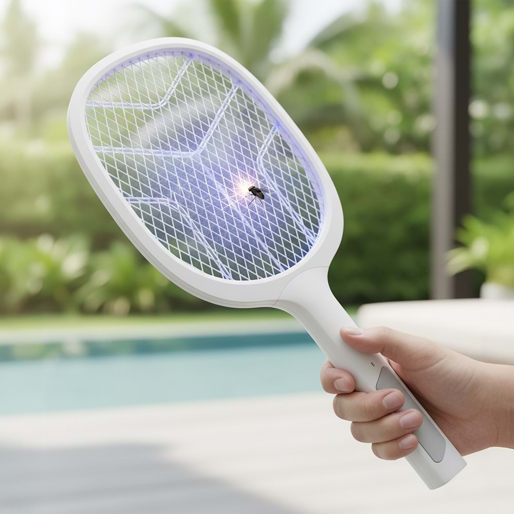 Asonic AS-A25 UV Mavi Işıklı Şarjli Masaüstü Raket Sinek Öldürücü Beyaz/Gri 1200mAh 3000V Çıkış