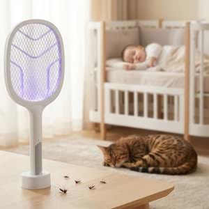 Asonic AS-A25 UV Mavi Işıklı Şarjli Masaüstü Raket Sinek Öldürücü Beyaz/Gri 1200mAh 3000V Çıkış