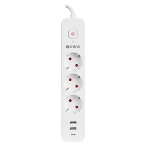 S-link SPG03TC 2 Usb +1Type C 5V2.4A 1.5m 3x1.00mm 100% Bakır 750 Joule 3 lü Anahtarlı Akım Korumalı Beyaz Priz