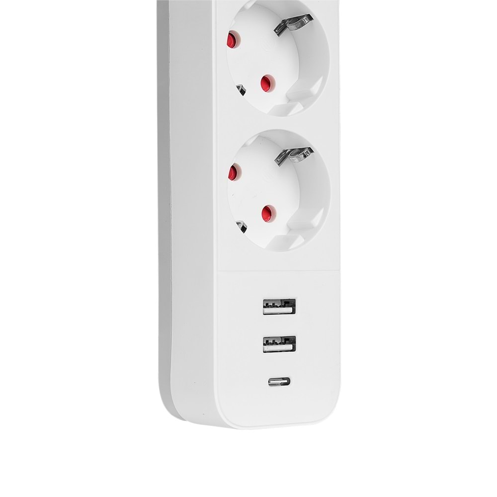 S-link SPG03TC 2 Usb +1Type C 5V2.4A 1.5m 3x1.00mm 100% Bakır 750 Joule 3 lü Anahtarlı Akım Korumalı Beyaz Priz