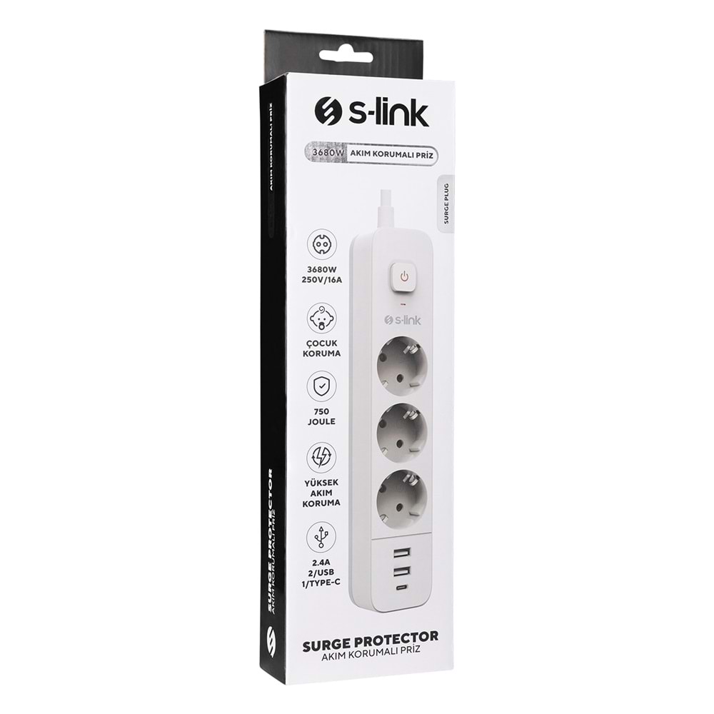 S-link SPG03TC 2 Usb +1Type C 5V2.4A 1.5m 3x1.00mm 100% Bakır 750 Joule 3 lü Anahtarlı Akım Korumalı Beyaz Priz