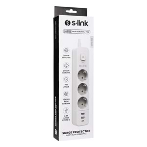 S-link SPG03TC 2 Usb +1Type C 5V2.4A 1.5m 3x1.00mm 100% Bakır 750 Joule 3 lü Anahtarlı Akım Korumalı Beyaz Priz