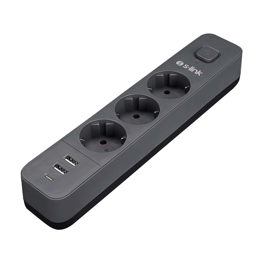 S-link SPG03U 2 Usb +1Type C 5V2.4A 1.5m 3x1.00mm 100% Bakır 750 Joule 3 lü Anahtarlı Akım Korumalı Siyah Priz