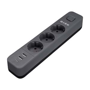 S-link SPG03U 2 Usb +1Type C 5V2.4A 1.5m 3x1.00mm 100% Bakır 750 Joule 3 lü Anahtarlı Akım Korumalı Siyah Priz