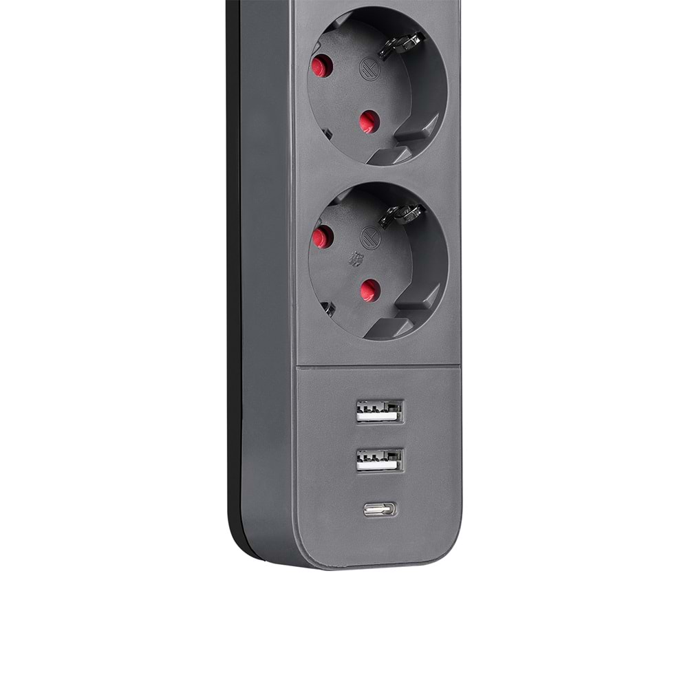 S-link SPG03U 2 Usb +1Type C 5V2.4A 1.5m 3x1.00mm 100% Bakır 750 Joule 3 lü Anahtarlı Akım Korumalı Siyah Priz