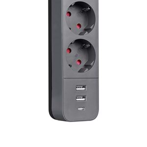 S-link SPG03U 2 Usb +1Type C 5V2.4A 1.5m 3x1.00mm 100% Bakır 750 Joule 3 lü Anahtarlı Akım Korumalı Siyah Priz