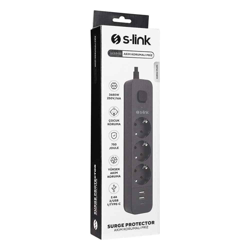 S-link SPG03U 2 Usb +1Type C 5V2.4A 1.5m 3x1.00mm 100% Bakır 750 Joule 3 lü Anahtarlı Akım Korumalı Siyah Priz