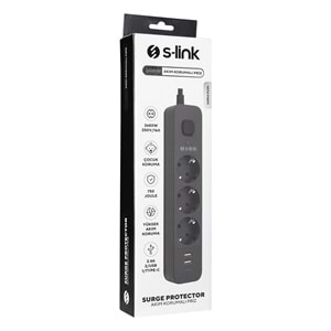 S-link SPG03U 2 Usb +1Type C 5V2.4A 1.5m 3x1.00mm 100% Bakır 750 Joule 3 lü Anahtarlı Akım Korumalı Siyah Priz