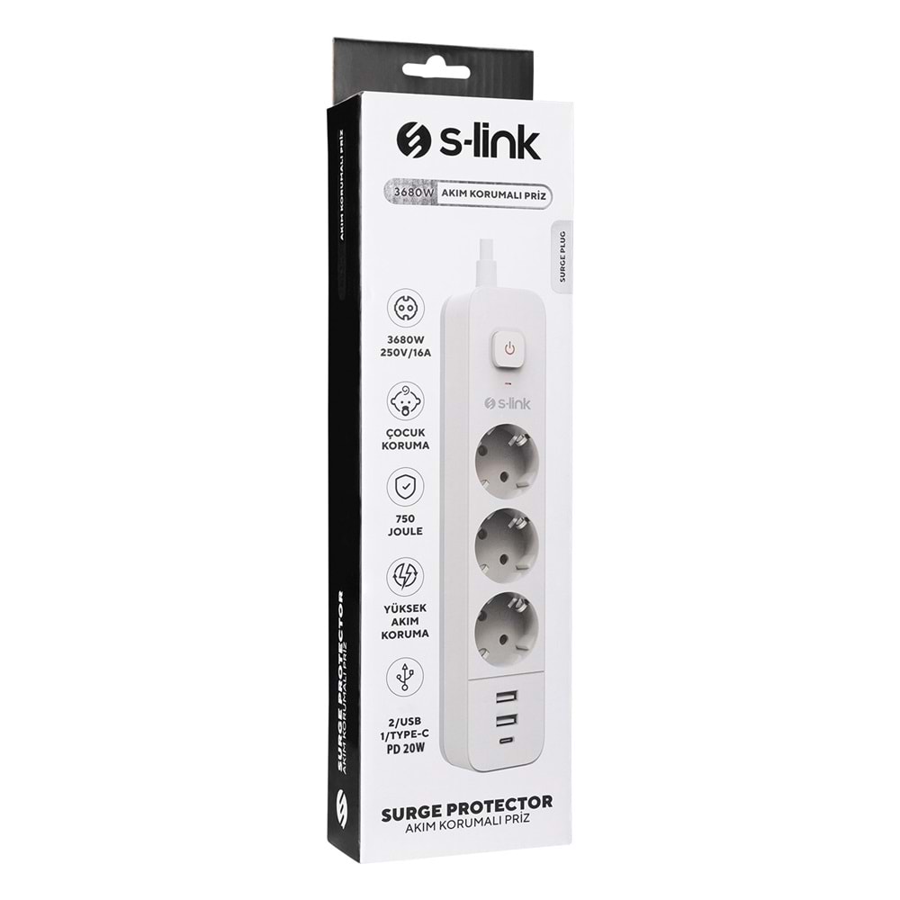 S-link SPG3-PD20 1 USB 3.4A + 1 TypeC PD20W H05VV-F 3G1.0mm, 1.5m 3 lü 306 J Akım Korumalı Beyaz + Gri Priz
