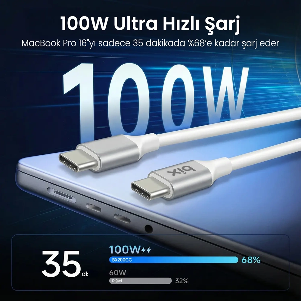 Bix BX200CC 2 Metre 100W 5Gbps E-Mark Çipli Type-C to Type-C Yüksek Hızlı Şarj ve Data Kablosu