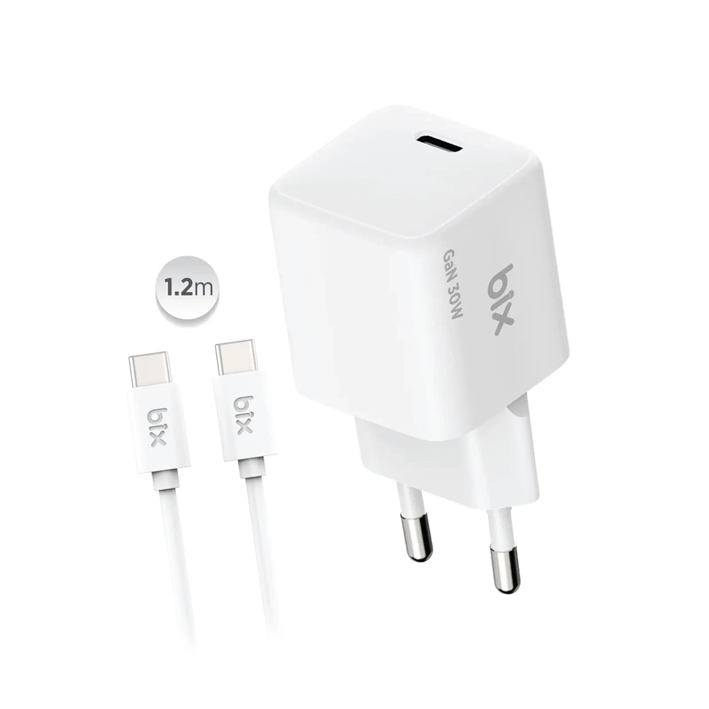 Bix BX1P32G-CW GaN 30W Type-C PD Hızlı Şarj Cihazı ve 1.2 Metre 3A Type-C Kablo Beyaz
