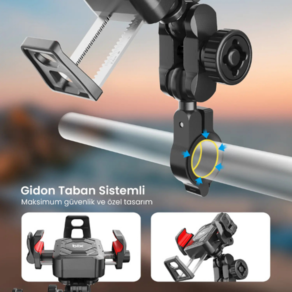 Bix BPH04 Gidon Bağlantılı 360° Derece Ayarlanabilir 4¨-7” Telefonlar ile Uyumlu Handlebar Motosiklet Bisiklet Telefon Tutucu